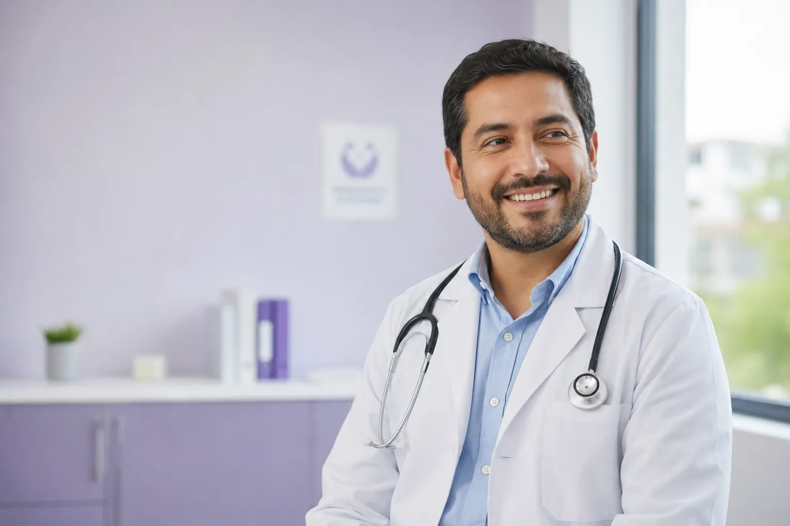Smiling doctor in their office using TrustMed Assistant